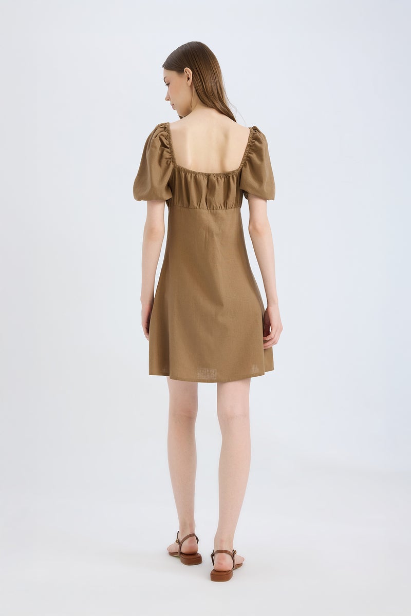 DeFacto Brown Woman Square Collar Linen Blended Mini Dress Casual - Image 5